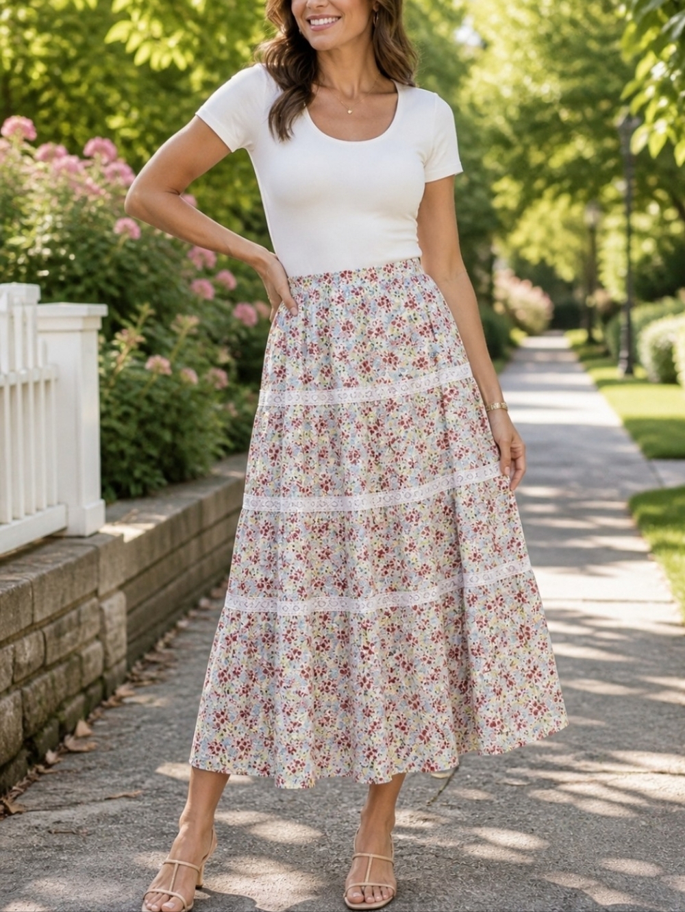 Grass Collection Pink Floral Tiered Maxi Skirt Casual Cottagecore Medium